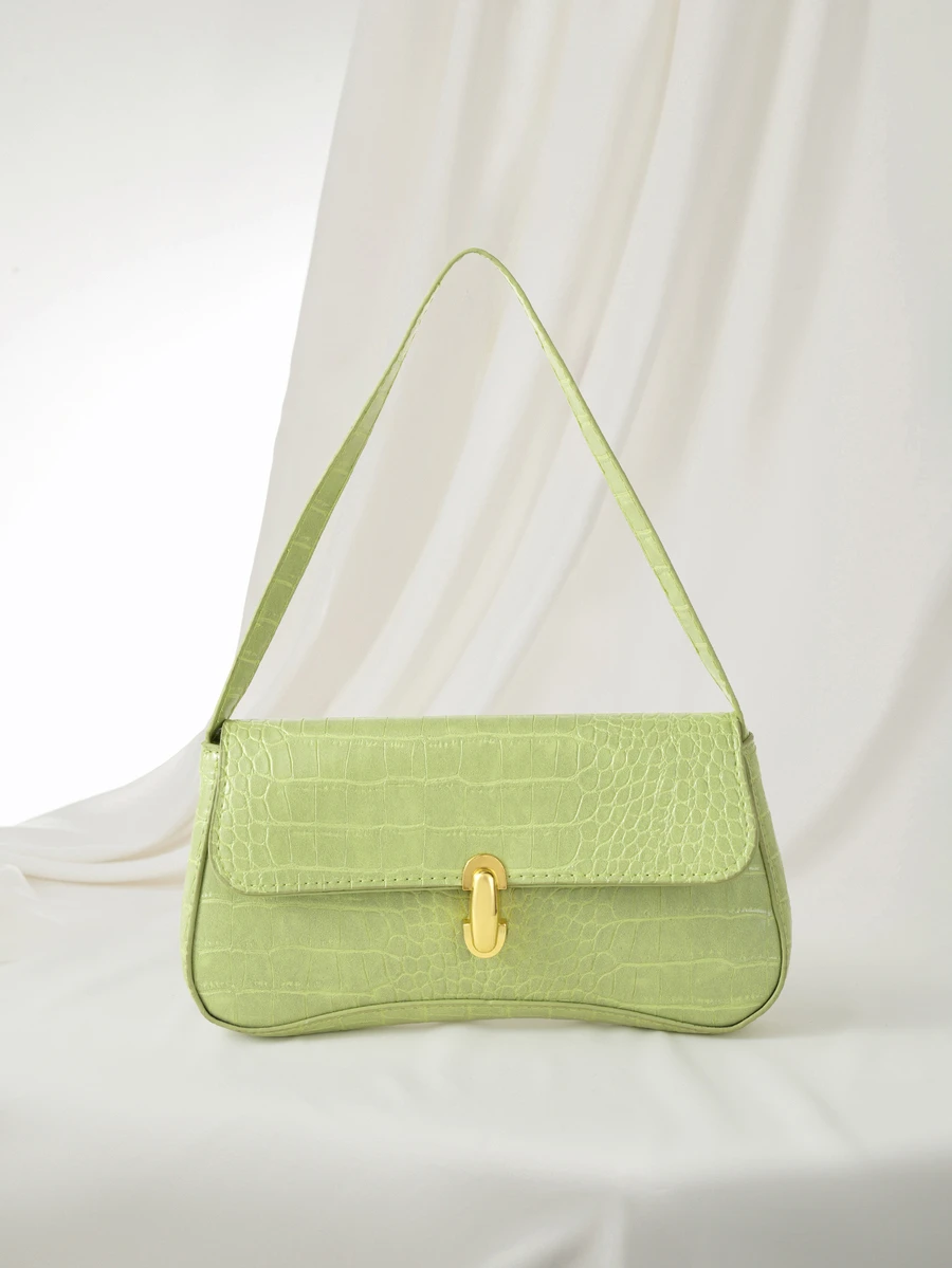 Clariva Fashionable Solid Color Metal Decor Shoulder Bag, Minimalist Elegant Style Underarm Handbag, Suitable For Shopping, Wallet, Young Women - Green - View 1
