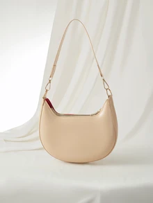 Clariva 1pc PU Solid Color Zipper Crescent Underarm Bag, Fashionable Retro Shoulder Bag, Suitable For Office Ladies, Versatile Use - Khaki - View 1