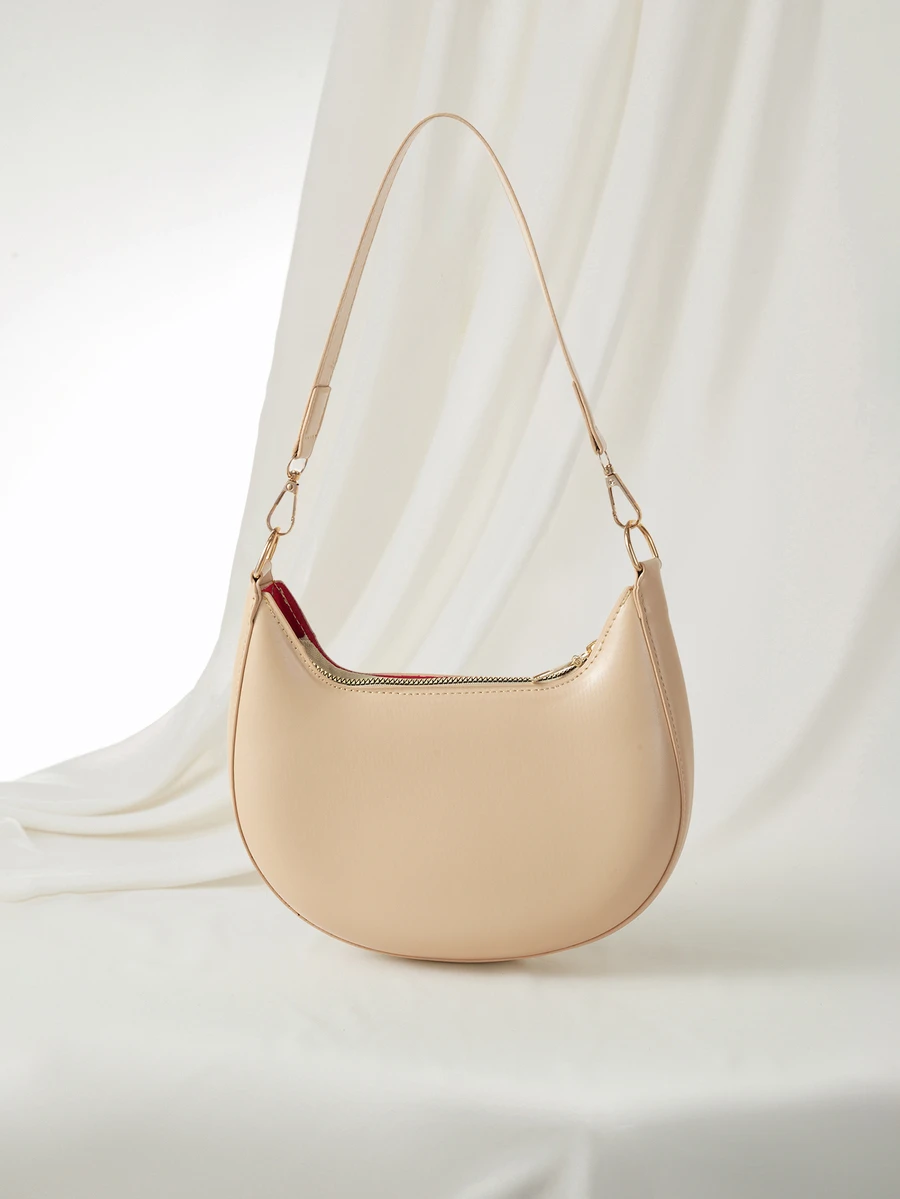 Clariva 1pc PU Solid Color Zipper Crescent Underarm Bag, Fashionable Retro Shoulder Bag, Suitable For Office Ladies, Versatile Use - Khaki - View 1