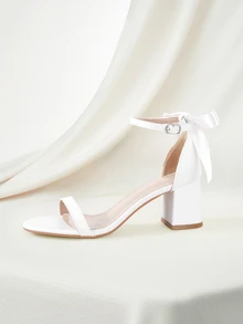 Clariva Summer Fashion Wedding Party Pearl Decor Sandals, Elegant Ribbon Bow Round Toe Chunky Heel Sexy Women High Heel Sandals - White - View 2