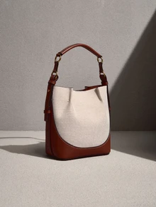 NobleVue New Brown Pleated Drawstring Bucket Bag For Women, Wide Strap Crossbody Tote, Versatile - Beige - View 4
