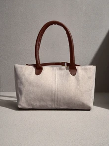 NobleVue 1pc Coffee Brown Strap Decor Large Capacity Canvas Patchwork Tote Bag, Women Shoulder Bag , Beach - Coffee Brown - View 3