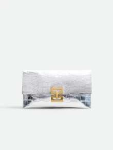 CHICVUE 1 件 PU 皮革纯色简约奢华石纹压花手拿包，日常购物或节日礼物 - 銀色 - 查看 1