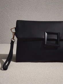 NobleVue Solid Color Square Decor Flap Square Bag With Wristlet For Business/Commute/Work/Office - Black - View 5