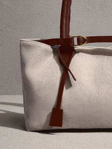 NobleVue 1pc Coffee Brown Strap Decor Large Capacity Canvas Patchwork Tote Bag, Women Shoulder Bag , Beach - Coffee Brown - View 5