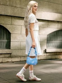 Hatastic 1pc Light Blue Nylon Fabric Smooth Zipper Floral Print Drawstring Strap Design Fashion Versatile Casual New Summer Small Unique Shoulder Bag - Blue - View 2