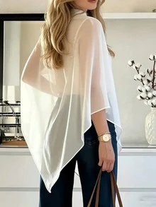 Women's Elegant Asymmetric Hem Chiffon Top White Summer - White - View 2