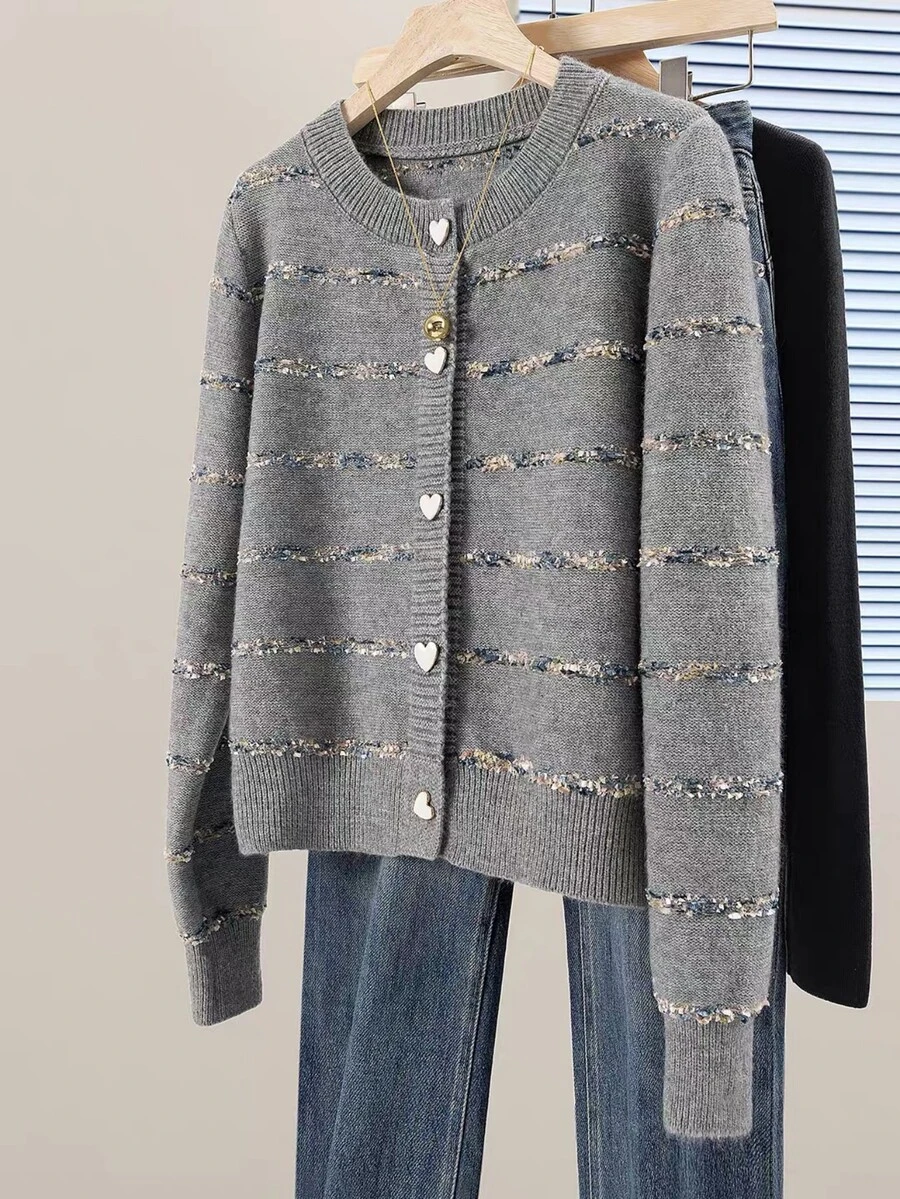 Autumn/Winter Lazy Casual Style Women's Grey Round Neck Knit Cardigan Long Sleeve Top, Decorated With Unique Colorful Stripes And Cute Heart-Shaped Buttons - Grey - View 1