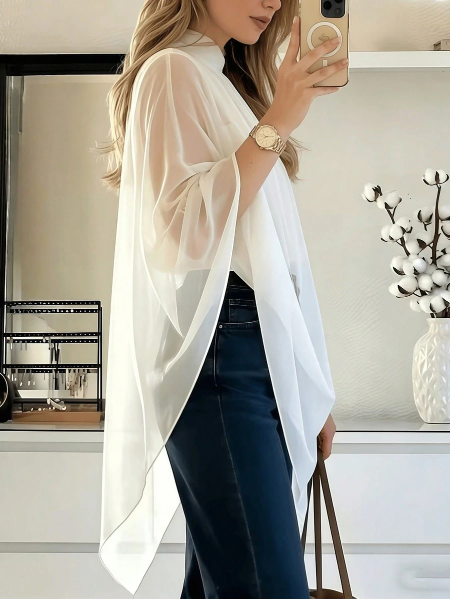 Women's Elegant Asymmetric Hem Chiffon Top White Summer - White - View 1