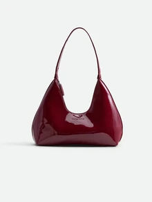 CHICVUE Bolso de hombro tipo baguete en forma de media luna patentado rojo, estilo coreano de moda - Bolso de mano tipo satchel para dama, bolso elegante de debajo del brazo - Burdeos - Ver 1