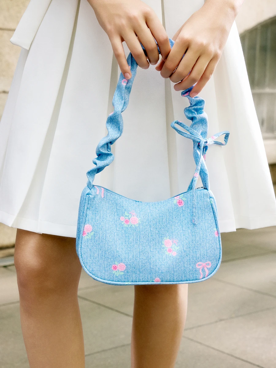 Hatastic 1pc Light Blue Nylon Fabric Smooth Zipper Floral Print Drawstring Strap Design Fashion Versatile Casual New Summer Small Unique Shoulder Bag - Blue - View 1