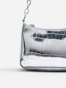 CHICVUE Bolso hobo mini con cocodrilo en relieve plata con cadena con tira - Plateado - Ver 4