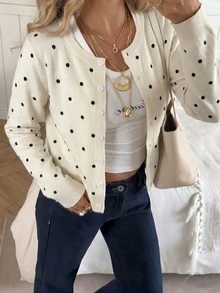 Mori Women's Beige Polka Dot Print Cardigan Knit Short Sweater Jacket, Y2K Style, Button Front, Round Neck, Casual Outfit Vacation Fall - Off White - View 5