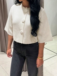 女款優雅素色針織開襟外套，大鈕扣設計，半袖圓領針織上衣 - 白色 - 查看 5