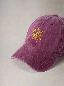 Hatastic 1件刺繡太陽光芒戶外棒球帽，復古水洗中性透氣可調節卡車帽，Y2K情侶遮陽帽萬聖節 - 酒紅色 - 查看 5