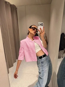 Women's Regular Fit Short Blazer, Short Sleeve Business Suit Jacket, Suitable For Spring/Summer Graduation Season Pink - Pink - View 3
