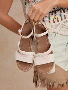 Tropiscape Plus Size Women's Wedge Heel Sandals, High Heels 2026 Summer New Fashion Fairy Style Solid Color Vacation Bohemian,Travel Essential - Beige - View 5