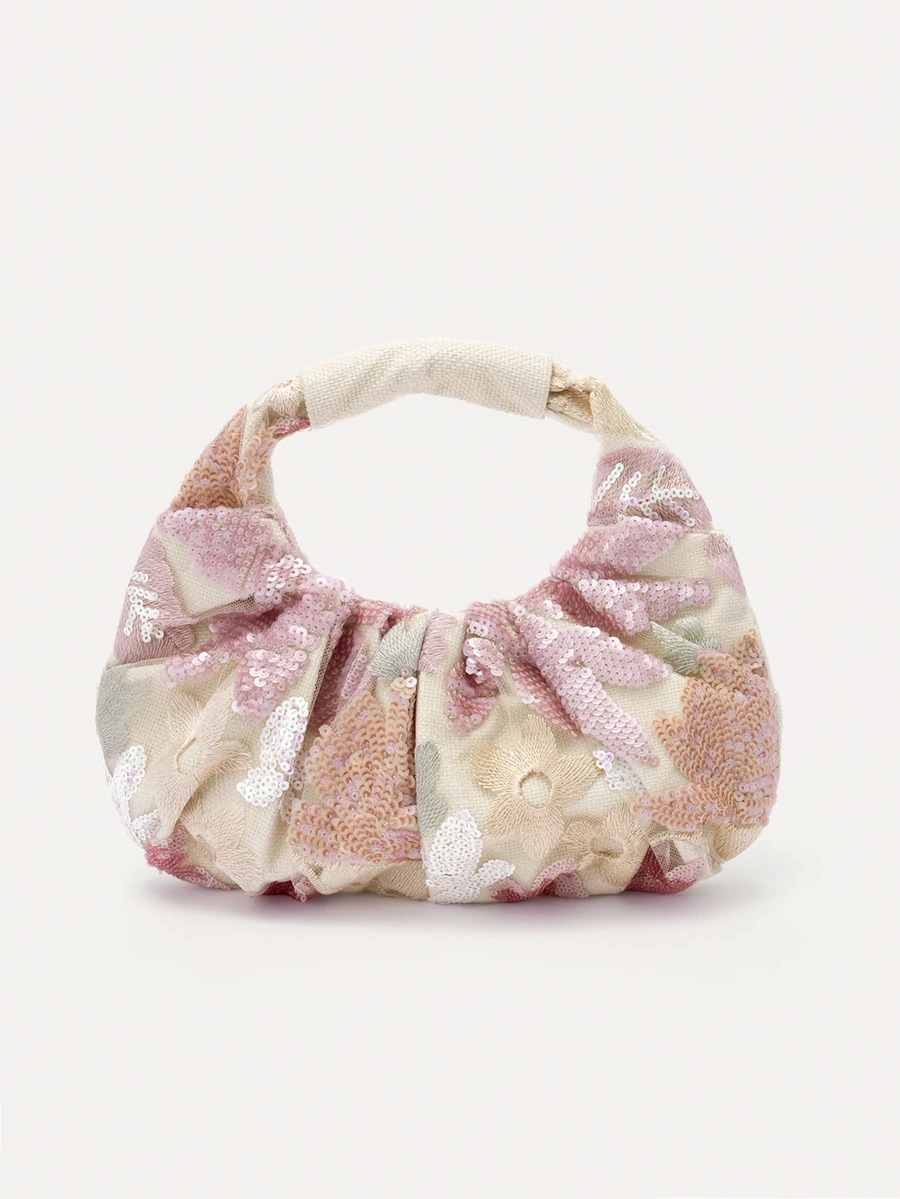 TuEzra 1 buah Tas Tote Linen Lipit Motif Awan dengan Bordir Bunga Jala Kontras Payet Warna-warni, Tas Tangan Gaya Liburan Pantai Musim Panas yang Modis - Baby Pink - View 1