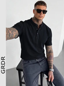 GRDR 立领纽扣 Polo 衫，男士新款夏季休闲短袖上衣 - 黑色 - 查看 1