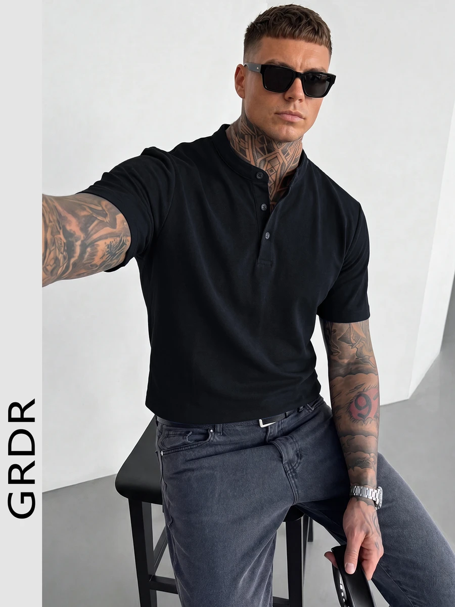 GRDR 立领纽扣 Polo 衫,男士新款夏季休闲短袖上衣 - 黑色 - 查看 1