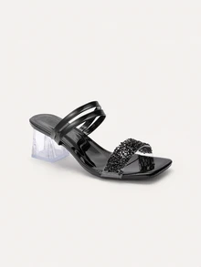 TuEzra New Stylish Plus Size Women Comfortable Simple Parallel Double Rhinestone Square Toe Chunky Heel Sandals, Casual Elegant Outdoor Shoes, Summer - Black - View 4