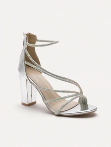 TuEzra 2025 Summer New Elegant Rhinestone Straps Chunky Heel Sandals With Zipper Back Roman Shoes, Round Toe Simple Party High Heels For Women - Silver - View 3