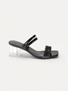 TuEzra New Stylish Plus Size Women Comfortable Simple Parallel Double Rhinestone Square Toe Chunky Heel Sandals, Casual Elegant Outdoor Shoes, Summer - Black - View 1