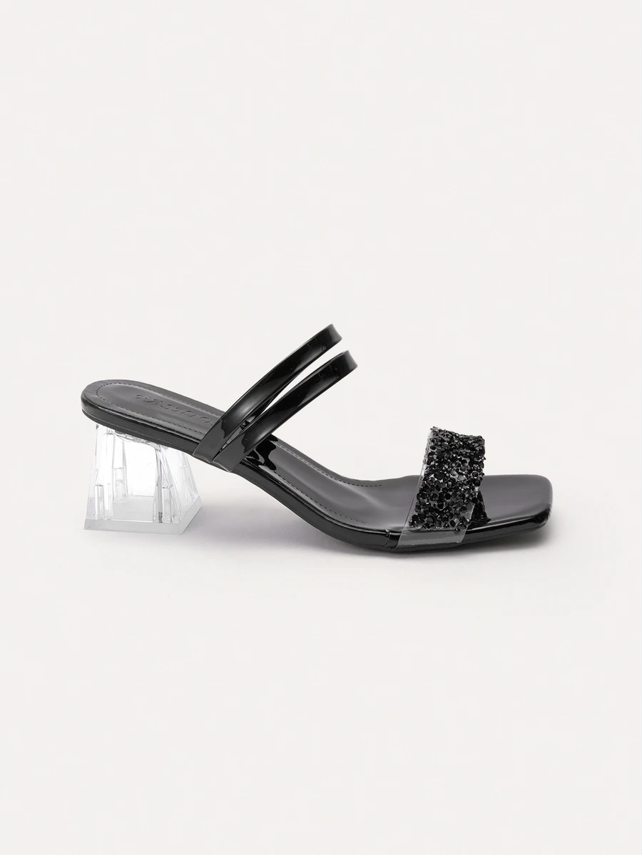 TuEzra New Stylish Plus Size Women Comfortable Simple Parallel Double Rhinestone Square Toe Chunky Heel Sandals, Casual Elegant Outdoor Shoes, Summer - Black - View 1