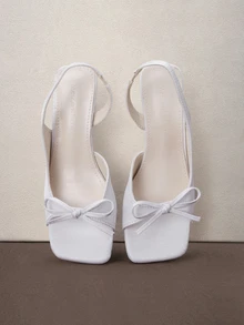 Hatastic Bow Tie Ankle Strap High Heel Sandals For Women, White Open Toe Square Toe Kitten Heels For Summer Back To School - White - View 2