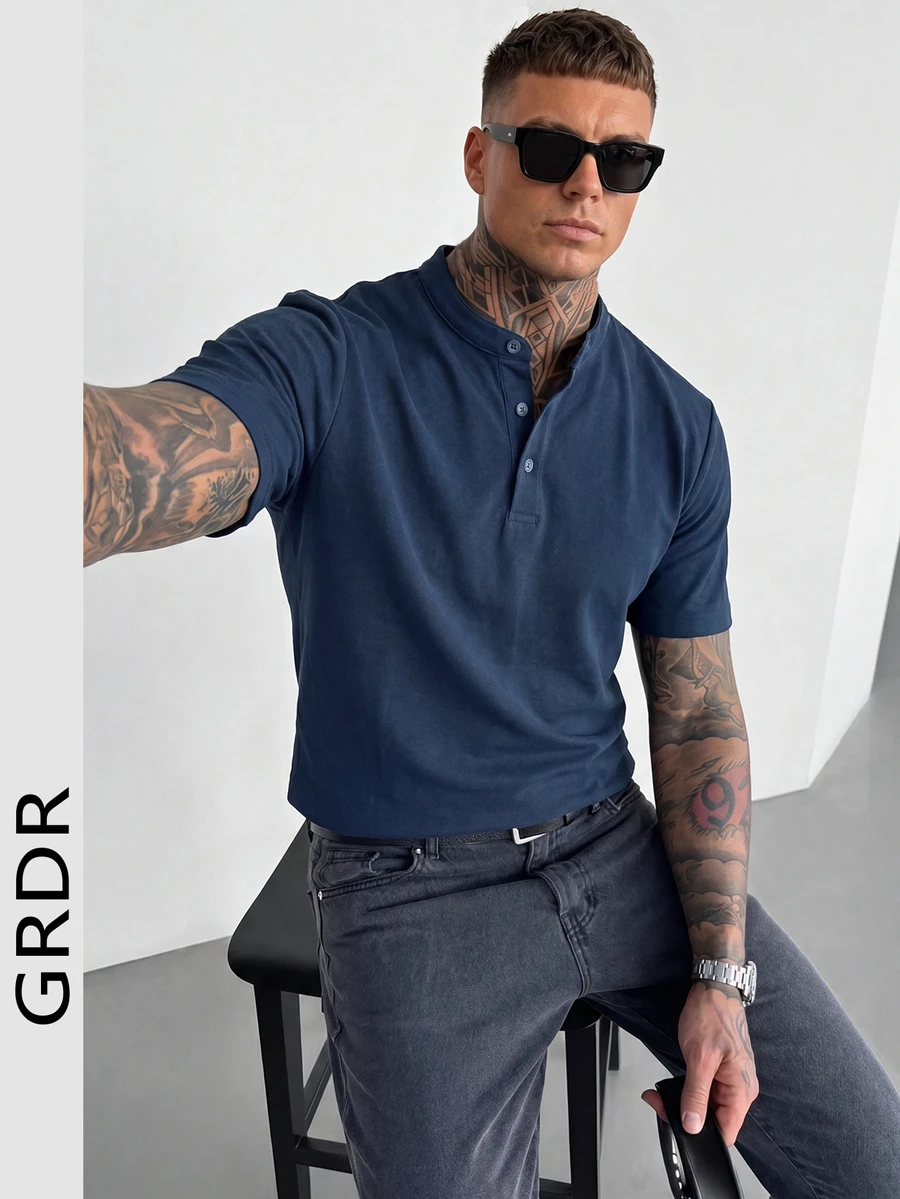 GRDR 立领纽扣 Polo 衫,男士新款夏季休闲短袖上衣 - 藏蓝色 - 查看 1
