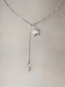 Hatastic Asymmetric Star Pendant Necklace, Korean Style Atmosphere, Long Sweater Chain, Niche High-End Accessory For Women Halloween - Silver - View 3