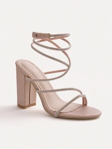 TuEzra Sandal bertali bertumit tebal dekorasi berlian imitasi wanita, sandal bertumit musim panas yang glamor - Sampanye - View 4