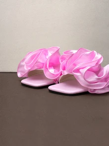 Hatastic Women's Pleated Ruffle Open Toe Comfortable Versatile Square Toe Flat Sandals, Pink, Spring/Summer, Suitable For Outdoor, Party,Beach Outfits Back To School - Baby Pink - View 5