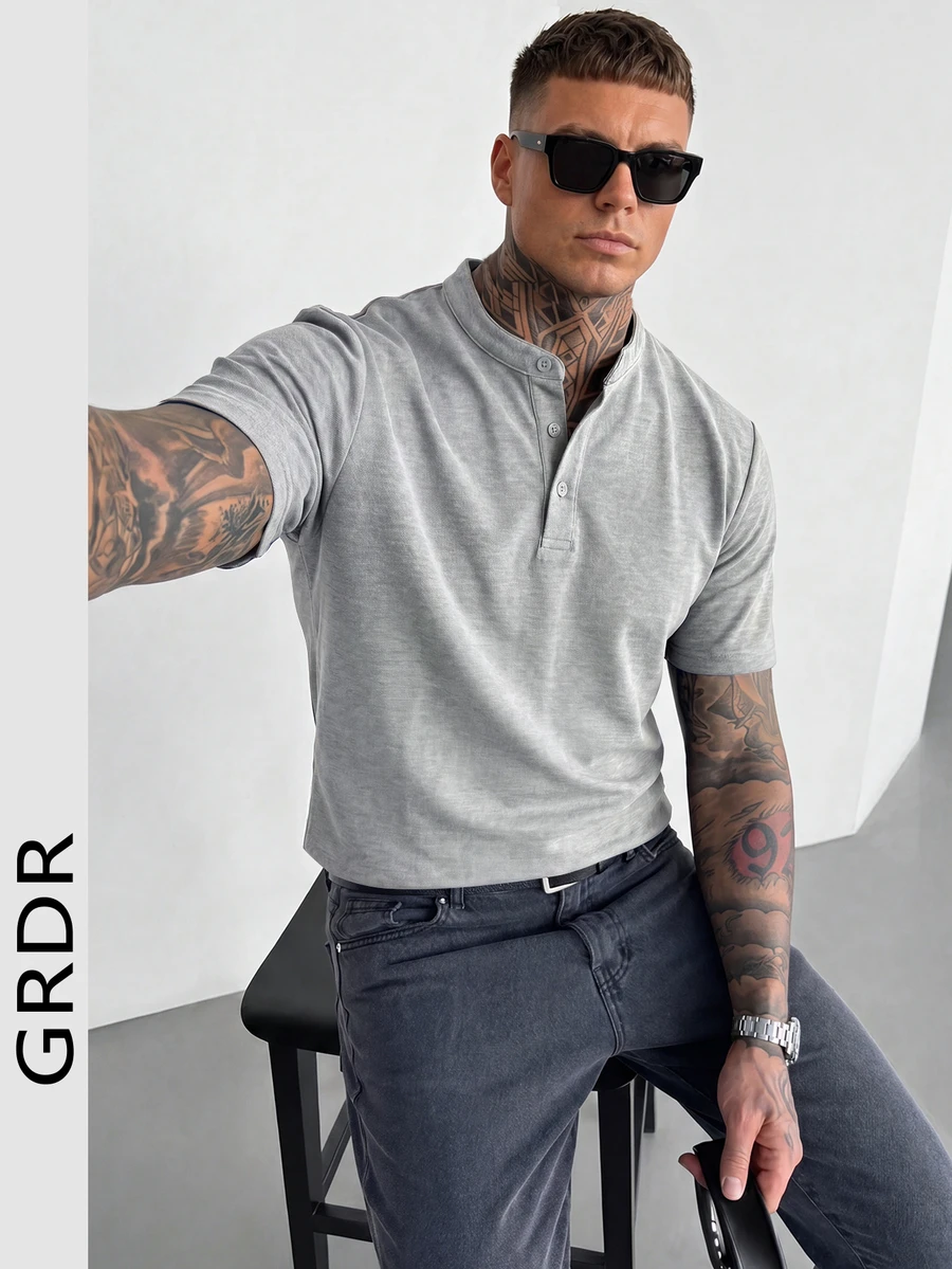 GRDR 立领纽扣 Polo 衫,男士新款夏季休闲短袖上衣 - 淺灰色 - 查看 1