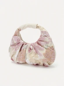 TuEzra 1 buah Tas Tote Linen Lipit Motif Awan dengan Bordir Bunga Jala Kontras Payet Warna-warni, Tas Tangan Gaya Liburan Pantai Musim Panas yang Modis - Baby Pink - View 2