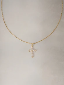 Hatastic 1 Pcs Stainless Steel Cubic Zirconia Inlaid Cross Pendant Necklace, Suitable For Women's Daily Wear Halloween - Yellow Gold - View 2