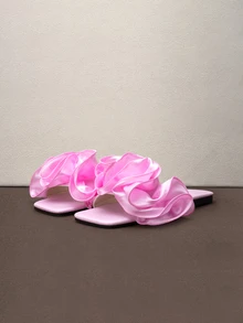 Hatastic Women's Pleated Ruffle Open Toe Comfortable Versatile Square Toe Flat Sandals, Pink, Spring/Summer, Suitable For Outdoor, Party,Beach Outfits Back To School - Baby Pink - View 1