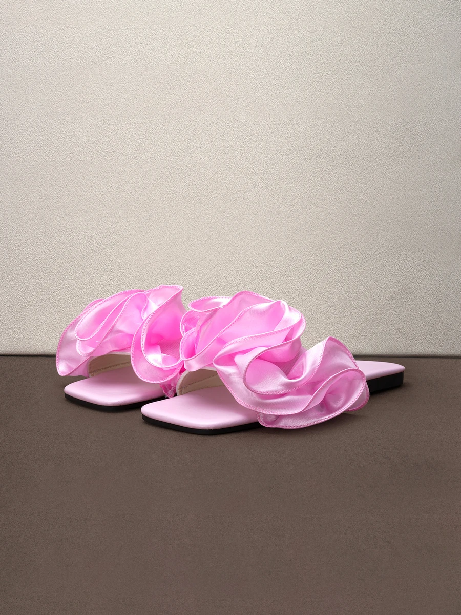 Hatastic Women's Pleated Ruffle Open Toe Comfortable Versatile Square Toe Flat Sandals, Pink, Spring/Summer, Suitable For Outdoor, Party,Beach Outfits Back To School - Baby Pink - View 1