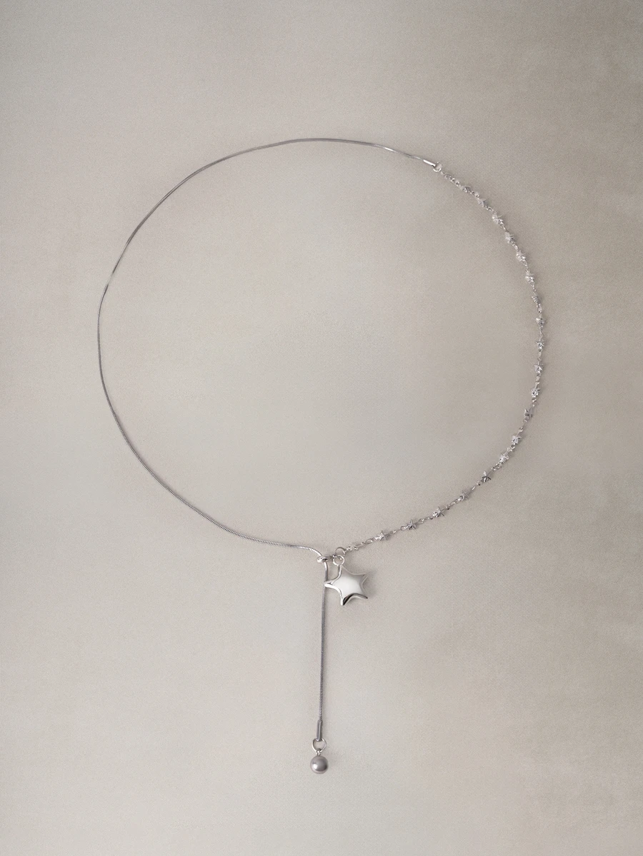 Hatastic Asymmetric Star Pendant Necklace, Korean Style Atmosphere, Long Sweater Chain, Niche High-End Accessory For Women Halloween - Silver - View 1