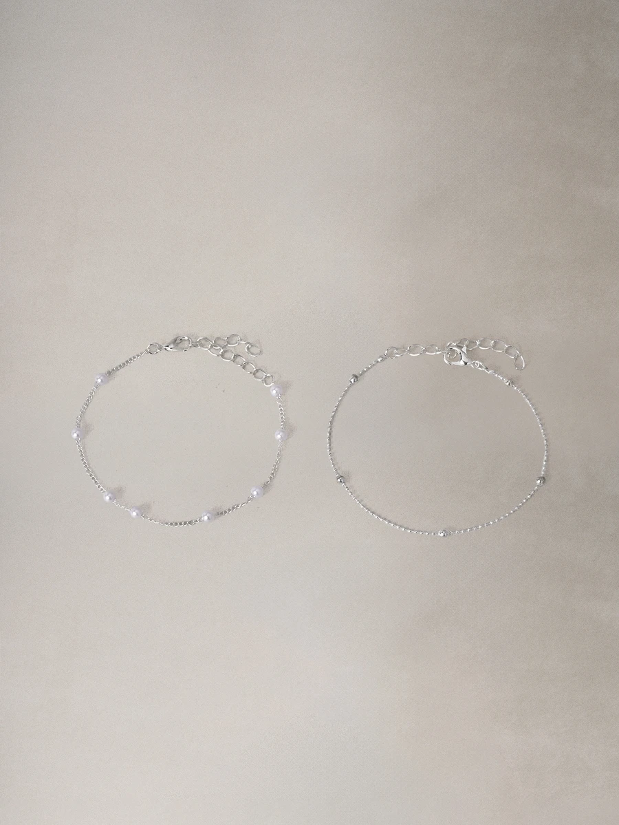 Hatastic 2 Buah Gelang Mutiara Sederhana dan Elegan untuk Wanita, Serbaguna (Jumlah Mutiara Dipilih Secara Acak) Kembali ke Sekolah - Perak - View 1