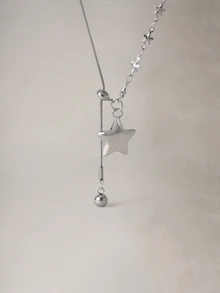 Hatastic Asymmetric Star Pendant Necklace, Korean Style Atmosphere, Long Sweater Chain, Niche High-End Accessory For Women Halloween - Silver - View 2