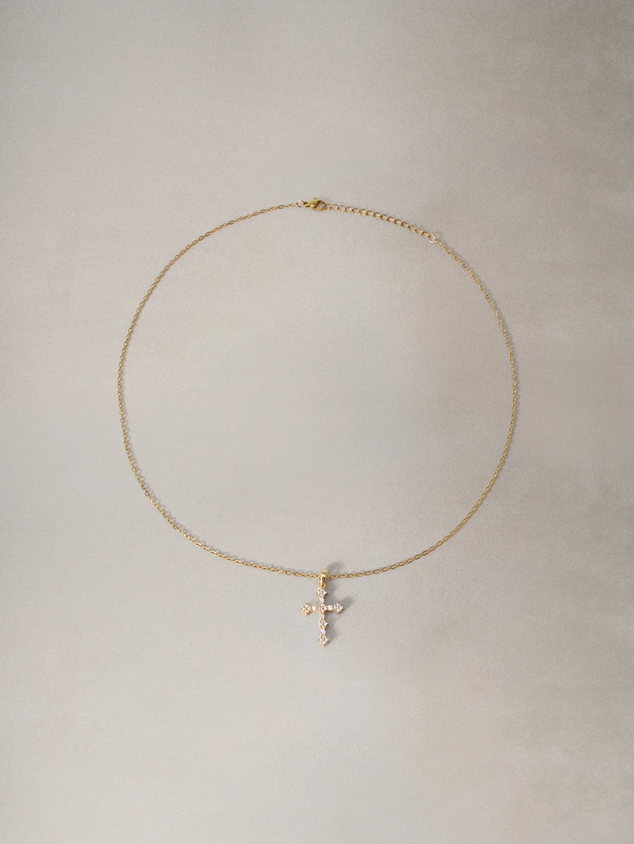 Hatastic 1 Pcs Stainless Steel Cubic Zirconia Inlaid Cross Pendant Necklace, Suitable For Women's Daily Wear Halloween - Yellow Gold - View 1