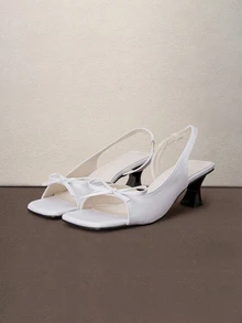 Hatastic Bow Tie Ankle Strap High Heel Sandals For Women, White Open Toe Square Toe Kitten Heels For Summer Back To School - White - View 1