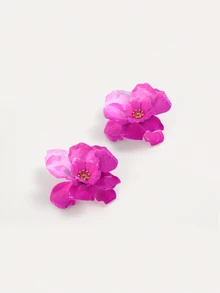 TuEzra 1 Pair Vintage Asymmetrical Floral & Leaf Geometric Textured Gold-Tone Earrings, Unique Gift For Women, Suitable For Nightclub - Pink - View 3