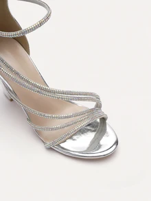TuEzra 2025 Summer New Elegant Rhinestone Straps Chunky Heel Sandals With Zipper Back Roman Shoes, Round Toe Simple Party High Heels For Women - Silver - View 4