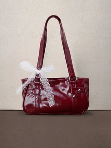 Hatastic 1件酒紅色金屬鉚釘裝飾純色PU法棍包，女款單肩包，冬季新品萬聖節 - 酒紅色 - 查看 1