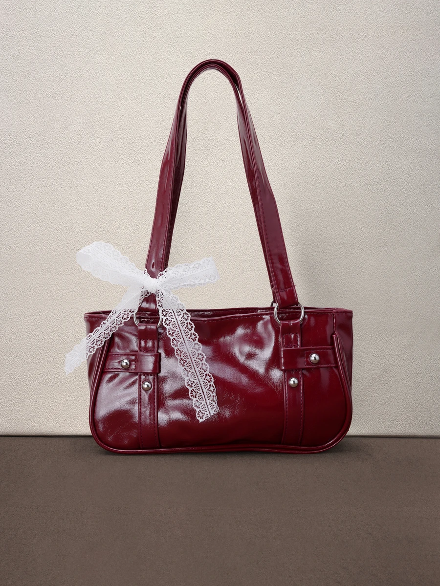 Hatastic 1件酒紅色金屬鉚釘裝飾純色PU法棍包，女款單肩包，冬季新品萬聖節 - 酒紅色 - 查看 1