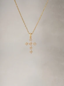 Hatastic 1 Pcs Stainless Steel Cubic Zirconia Inlaid Cross Pendant Necklace, Suitable For Women's Daily Wear Halloween - Yellow Gold - View 3