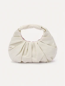 TuEzra 1 buah Tas Tote Linen Lipit Motif Awan dengan Bordir Bunga Jala Kontras Payet Warna-warni, Tas Tangan Gaya Liburan Pantai Musim Panas yang Modis - Baby Pink - View 3
