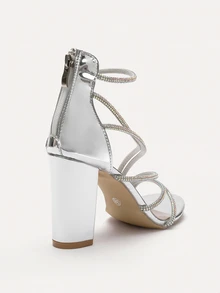 TuEzra 2025 Summer New Elegant Rhinestone Straps Chunky Heel Sandals With Zipper Back Roman Shoes, Round Toe Simple Party High Heels For Women - Silver - View 5